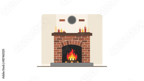 Cozy brick fireplace with lit candles for warm winter interiors