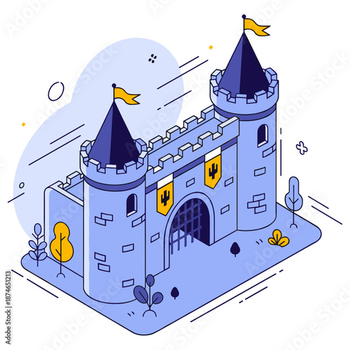 Isometric medieval castle with blue towers and yellow flags. No editable stroke