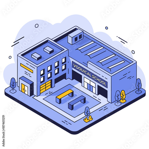 Stylized isometric vector of modern vocational school campus design. No editable stroke