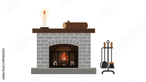 Cozy fireplace with logs and tools in flat design on white background