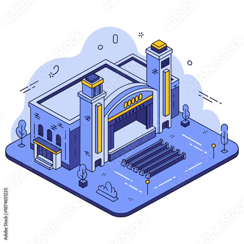 Isometric illustration of a historic theater building with arched entrance and towers. No editable stroke