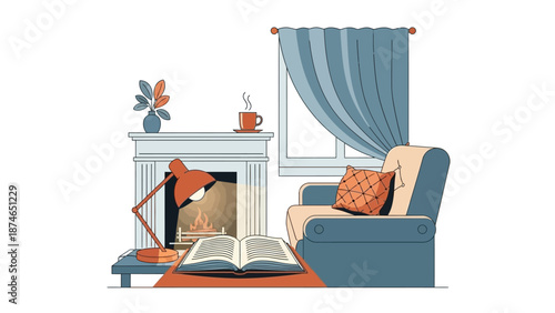 Cozy living room with fireplace and armchair: a tranquil home reading nook