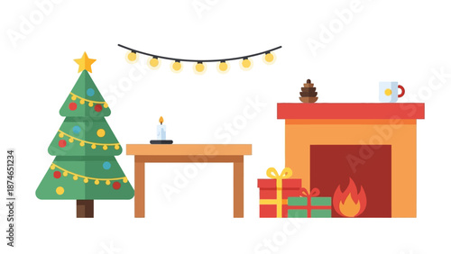 Festive flat design christmas scene with tree and fireplace decor