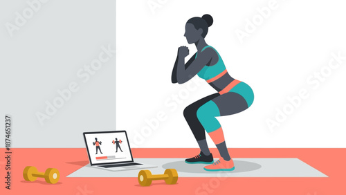 Woman exercising: online fitness training with dumbbells and laptop in modern flat design