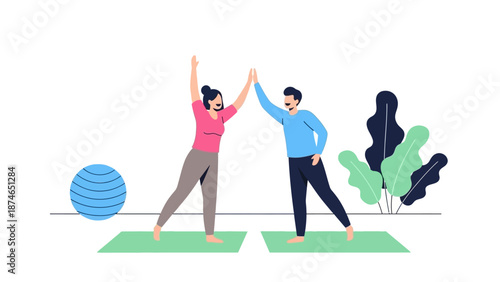 Minimalist yoga pose celebration with diverse characters and plants