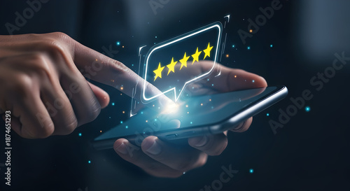 Person holding smartphone with glowing five-star rating review on screen, symbolizing customer satisfaction and positive feedback in modern digital experience.