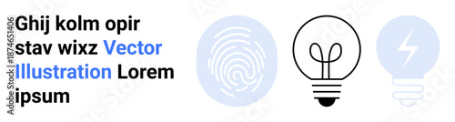 Biometrics, security, innovation, lighting ideas, technology, energy efficiency. Minimalist icons of a fingerprint, light bulb and power symbol. Biometrics and innovation concepts featured