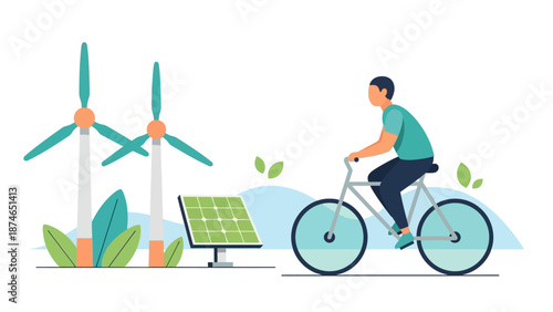 Eco-friendly concept: man cycling near wind turbines and solar panel