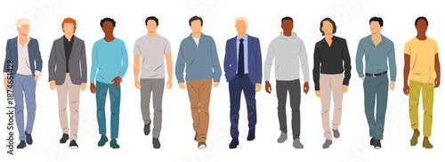 Set of images of walking men in business and casual clothes, cartoon characters, different nationalities, colors, silhouettes of business people, isolated on white background