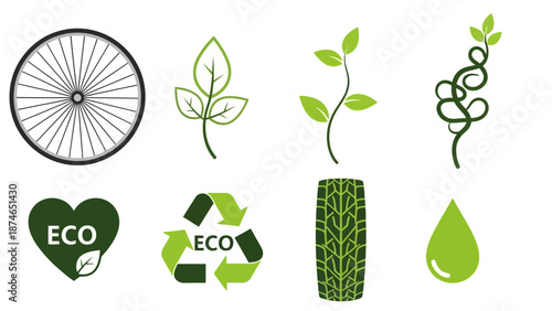 Eco-friendly bicycle icons: green elements and symbols for sustainable lifestyle design