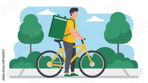 Bicycle delivery courier riding through city park in flat design