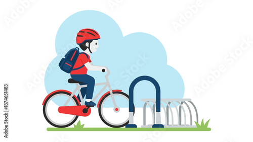 Flat design of young cyclist with backpack parking bicycle at rack