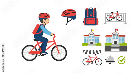 School commute safety: child biking with helmet, backpack, and school elements