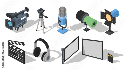 Professional film equipment icons in isometric style for media projects