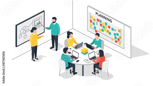 Collaborative office team discussing and planning with laptops in isometric workspace