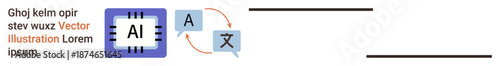 Language translation, AI tools, machine learning, global communication, multilingual support, automation. AI processor linked to translation icons. Language translation and AI tools concept