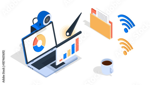 Isometric office workspace with laptop, wifi symbols, and folder