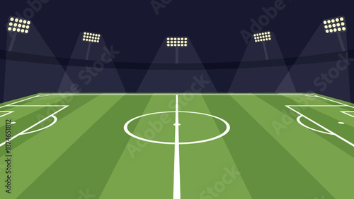 Modern flat design soccer field under stadium lights with night sky background