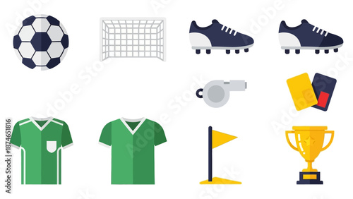 Flat soccer icons set: ball, goal, shoes, whistle, cards, jerseys, flag, trophy