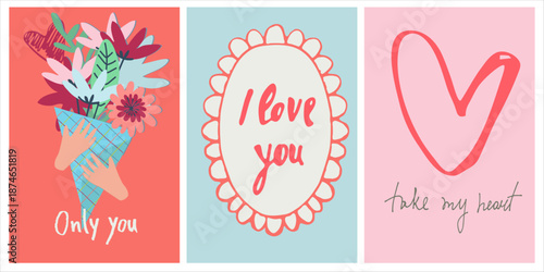 Cards set hand drawn like a sketch. Vector element for greeting card, social media post. Love, Romance, Valentines Day concept