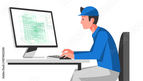 Architect in blue cap designing building on computer with modern flat style artwork