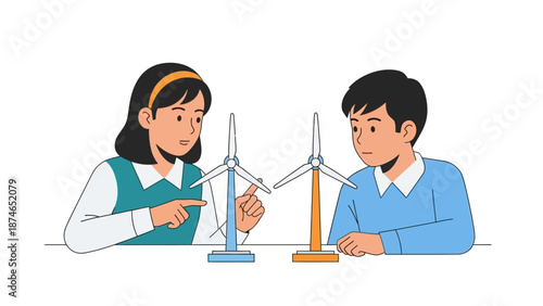 Children learning renewable energy with wind turbine models in flat design