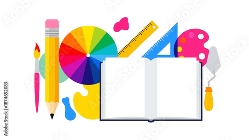 Creative arts tools with open book and colorful art supplies