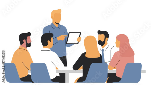 Collaborative team meeting with a leader presenting ideas using a tablet in a modern office setting