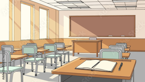 Empty classroom interior with sunlight and desks: modern educational setting