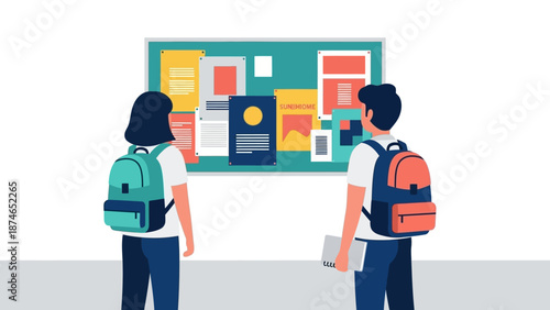 Students with backpacks reading bulletin board notices in modern flat design