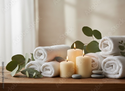 Generated ImageRelaxing wellness still life featuring neatly folded white towels, lit candles, eucalyptus leaves, and smooth stones on a wooden surface. Soft natural light emphasizes a calm, spa-like,
