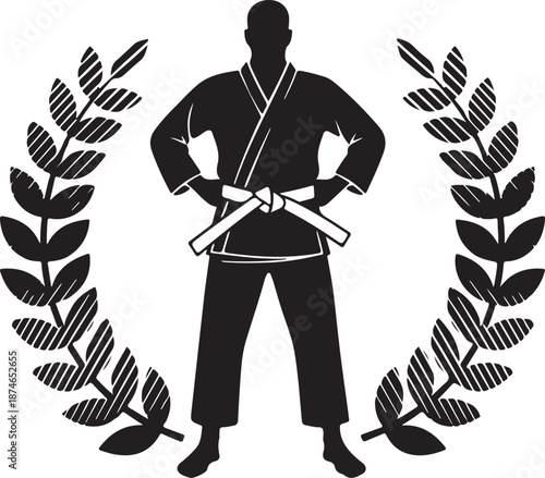 Silhouette of a martial arts practitioner with a white belt within a laurel wreath