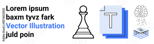 Creativity, strategy, text editing, digital design, planning, decision-making. Brain, chess pawn text document layered graphics. Creativity and strategy concepts with design elements