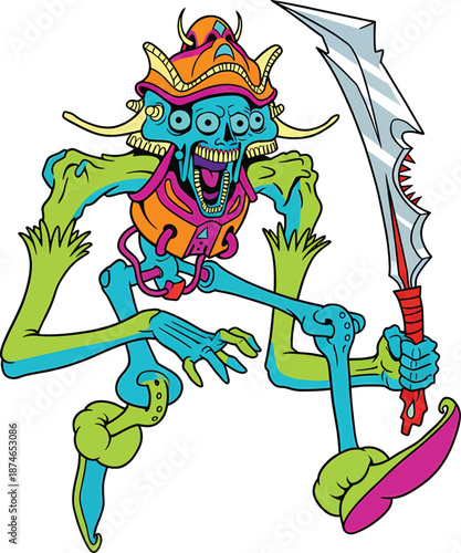Blue Multi-Eyed Skeleton Warrior Monster with Sword