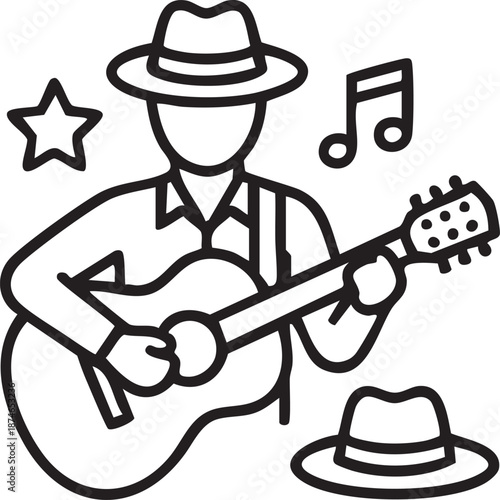 Harmonic Silhouette: A musician plays a guitar in this stylish illustration, creating music and star notes