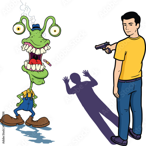 Vector Illustration of Man Pointing Gun at Green Alien with Human Shadow on Wall