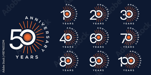 Collection of anniversary logo design. Celebration day special vector, firework sunlight symbol concept