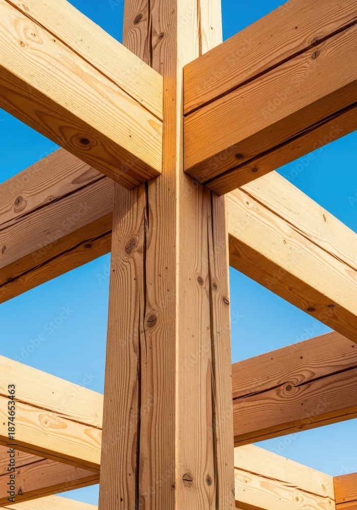 Naklejka premium A detailed view of thick, rough-cut lumber beams providing strong structural support for modern residential or commercial construction, structure, truss, industrial