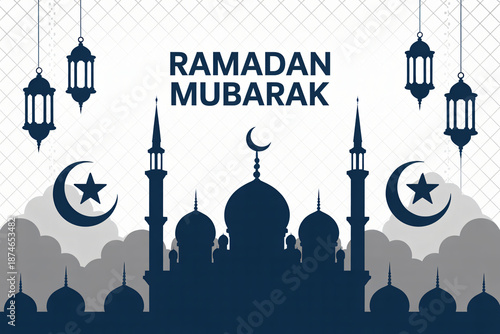 Ramadan Mubarak illustration with mosque silhouette and lanterns. Islamic night skyline greeting background.