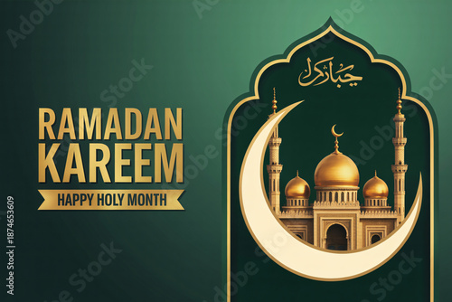 Ramadan Kareem greeting with mosque illustration and crescent moon on dark green background.