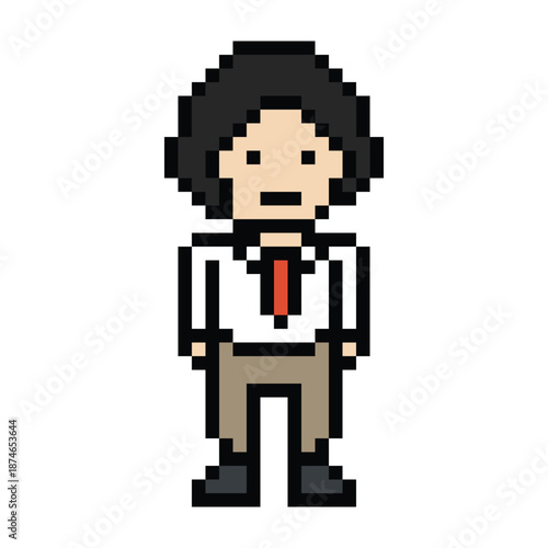 Businessman 8 bit office problem planning investigation with magnifying,work,analysis,leader,background,business concept,cartoon.