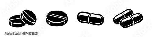 Medicine and pills vector icons set: capsules, tablets, healthcare symbols