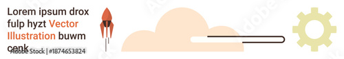 Innovation, technology, startups, progress, automation, conceptual ideas. A rocket, cloud and gear combined in a minimalistic layout. Innovation and technology through space and machinery elements