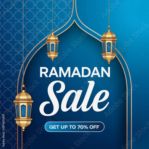 Ramadan sale vertical banner with hanging lanterns and blue Islamic pattern background.