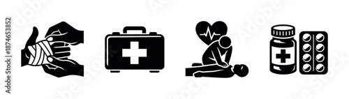 Medical emergency vector icons set: first aid, cpr, health symbols collection