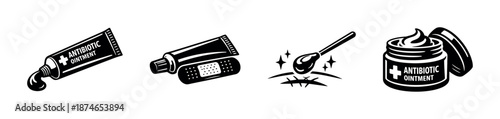 Antibiotic ointment vector icons set: healing, medical, healthcare illustrations