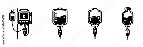 Medical drip vector icons set: iv bag, bottle infusion, healthcare symbols