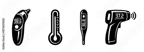 Thermometer vector icons set: medical temperature measuring tools collection