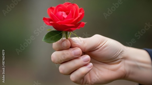 Hand Holding Red Rose with Care.