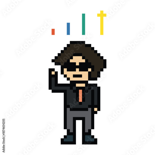 Businessman 8 bit office problem planning investigation with magnifying,work,analysis,leader,background,business concept,cartoon.